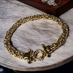 Luxury 18k Gold Plated Byzantine Chain Onyx Cabochon Bar Link Bracelet